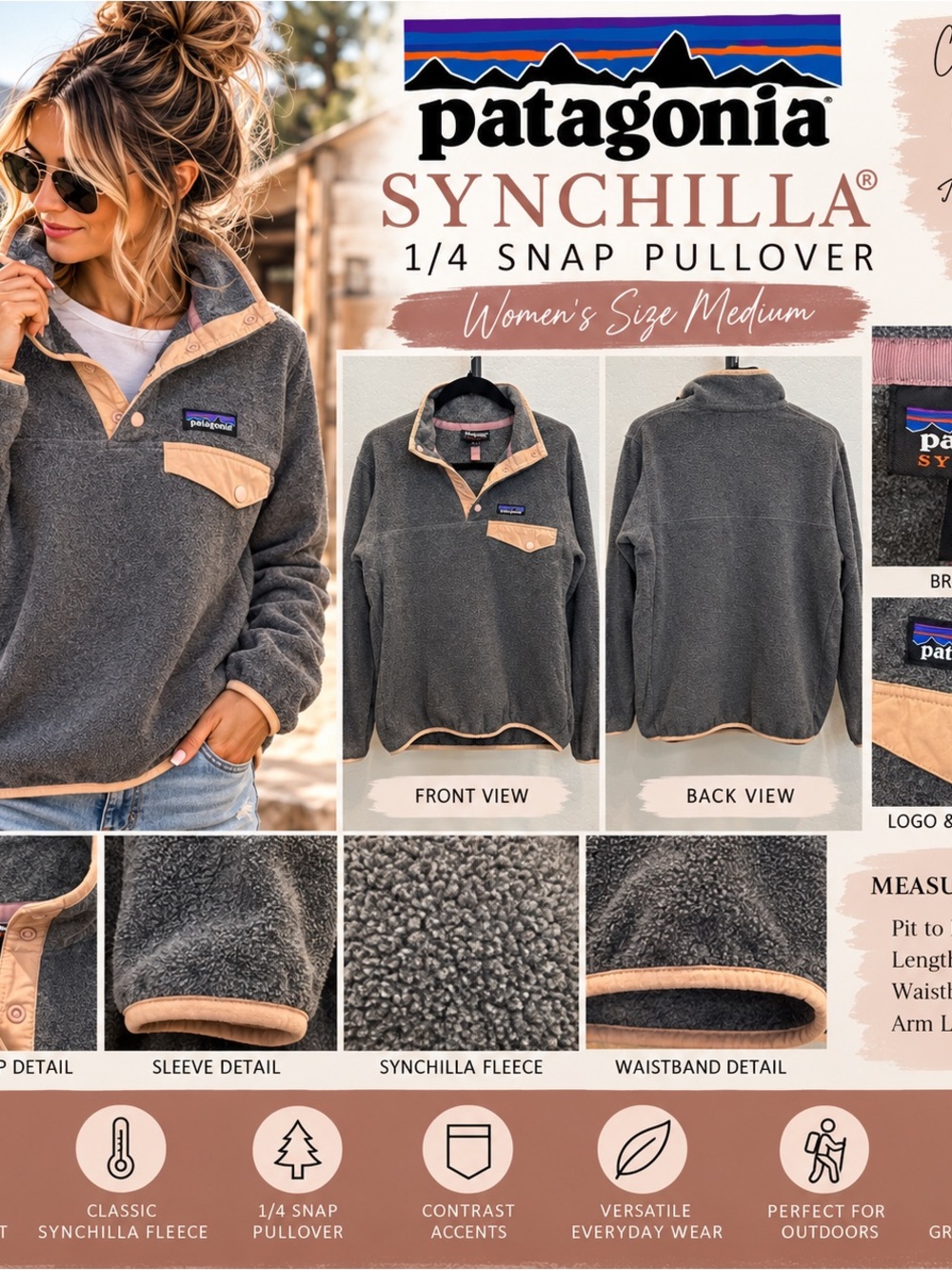 Patagonia Synchilla Snap-T Women’s M Gray Peach Fleece Pullover Gorpcore